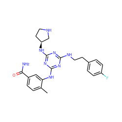 Cc1ccc(C(N)=O)cc1Nc1nc(NCCc2ccc(F)cc2)nc(N[C@H]2CCNC2)n1 ZINC000036761677