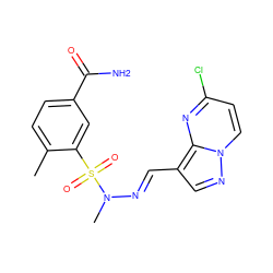 Cc1ccc(C(N)=O)cc1S(=O)(=O)N(C)/N=C/c1cnn2ccc(Cl)nc12 ZINC000473135057