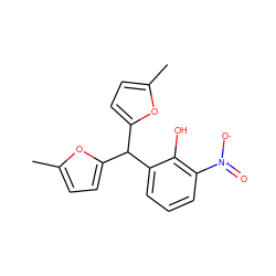 Cc1ccc(C(c2ccc(C)o2)c2cccc([N+](=O)[O-])c2O)o1 ZINC000035614477