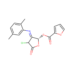 Cc1ccc(C)c(/N=C2\C(Cl)C(=O)O[C@H]2OC(=O)c2ccco2)c1 ZINC000101838150