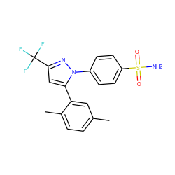 Cc1ccc(C)c(-c2cc(C(F)(F)F)nn2-c2ccc(S(N)(=O)=O)cc2)c1 ZINC000034660892