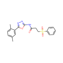 Cc1ccc(C)c(-c2nnc(NC(=O)CCS(=O)(=O)c3ccccc3)o2)c1 ZINC000004479513