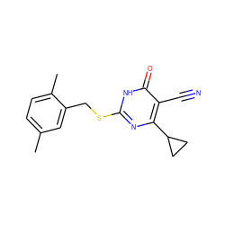 Cc1ccc(C)c(CSc2nc(C3CC3)c(C#N)c(=O)[nH]2)c1 ZINC000084668761