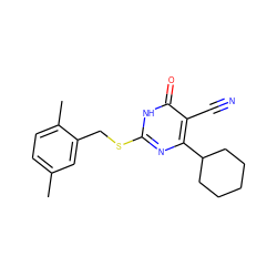 Cc1ccc(C)c(CSc2nc(C3CCCCC3)c(C#N)c(=O)[nH]2)c1 ZINC000001043295