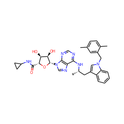 Cc1ccc(C)c(Cn2cc(C[C@H](C)Nc3ncnc4c3ncn4[C@@H]3O[C@H](C(=O)NC4CC4)[C@@H](O)[C@H]3O)c3ccccc32)c1 ZINC000012405759