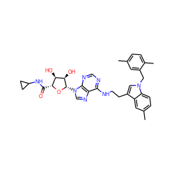 Cc1ccc(C)c(Cn2cc(CCNc3ncnc4c3ncn4[C@@H]3O[C@H](C(=O)NC4CC4)[C@@H](O)[C@H]3O)c3cc(C)ccc32)c1 ZINC000003919191