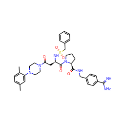 Cc1ccc(C)c(N2CCN(C(=O)C[C@@H](NS(=O)(=O)Cc3ccccc3)C(=O)N3CCC[C@H]3C(=O)NCc3ccc(C(=N)N)cc3)CC2)c1 ZINC000072178151