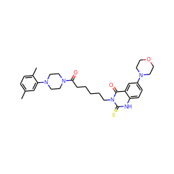 Cc1ccc(C)c(N2CCN(C(=O)CCCCCn3c(=S)[nH]c4ccc(N5CCOCC5)cc4c3=O)CC2)c1 ZINC000038150008