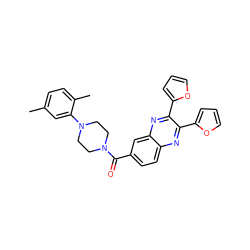 Cc1ccc(C)c(N2CCN(C(=O)c3ccc4nc(-c5ccco5)c(-c5ccco5)nc4c3)CC2)c1 ZINC000002951138