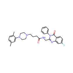 Cc1ccc(C)c(N2CCN(CCCC(=O)NCc3nc4cc(F)ccc4c(=O)n3-c3ccccc3)CC2)c1 ZINC000029123559