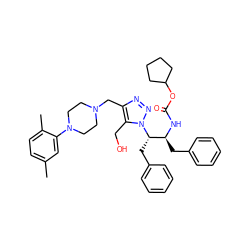 Cc1ccc(C)c(N2CCN(Cc3nnn([C@@H](Cc4ccccc4)[C@H](Cc4ccccc4)NC(=O)OC4CCCC4)c3CO)CC2)c1 ZINC000036140531