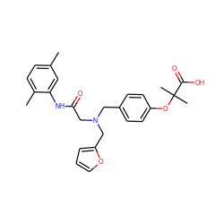 Cc1ccc(C)c(NC(=O)CN(Cc2ccc(OC(C)(C)C(=O)O)cc2)Cc2ccco2)c1 ZINC000049792841