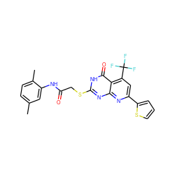 Cc1ccc(C)c(NC(=O)CSc2nc3nc(-c4cccs4)cc(C(F)(F)F)c3c(=O)[nH]2)c1 ZINC000018096045