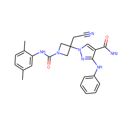 Cc1ccc(C)c(NC(=O)N2CC(CC#N)(n3cc(C(N)=O)c(Nc4ccccc4)n3)C2)c1 ZINC000222093276