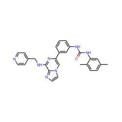 Cc1ccc(C)c(NC(=O)Nc2cccc(-c3cn4ccnc4c(NCc4ccncc4)n3)c2)c1 ZINC000049090011