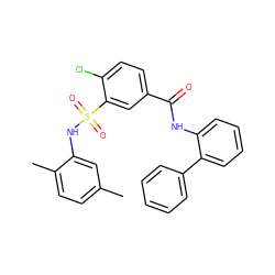 Cc1ccc(C)c(NS(=O)(=O)c2cc(C(=O)Nc3ccccc3-c3ccccc3)ccc2Cl)c1 ZINC000002875896