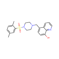 Cc1ccc(C)c(S(=O)(=O)N2CCN(Cc3ccc(O)c4ncccc34)CC2)c1 ZINC000025286197