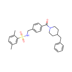 Cc1ccc(C)c(S(=O)(=O)NCc2ccc(C(=O)N3CCC(Cc4ccccc4)CC3)cc2)c1 ZINC000002861522