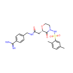 Cc1ccc(C)c(S(=O)(=O)NN2CCO[C@@H](CC(=O)NCc3ccc(C(=N)N)cc3)C2=O)c1 ZINC000013526837