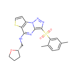 Cc1ccc(C)c(S(=O)(=O)c2nnn3c2nc(NC[C@@H]2CCCO2)c2sccc23)c1 ZINC000009969233