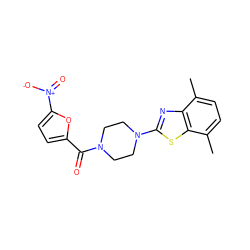 Cc1ccc(C)c2sc(N3CCN(C(=O)c4ccc([N+](=O)[O-])o4)CC3)nc12 ZINC000004583534