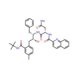 Cc1ccc(C[C@@H](O)[C@H](Cc2ccccc2)NC(=O)[C@H](CC(N)=O)NC(=O)c2ccc3ccccc3n2)c(C(=O)NC(C)(C)C)c1 ZINC000028771094