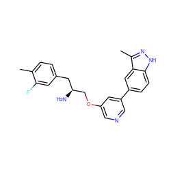 Cc1ccc(C[C@H](N)COc2cncc(-c3ccc4[nH]nc(C)c4c3)c2)cc1F ZINC000014961708