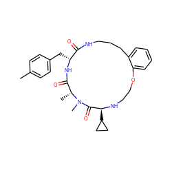 Cc1ccc(C[C@H]2NC(=O)[C@@H](C)N(C)C(=O)[C@H](C3CC3)NCCOc3ccccc3CCCNC2=O)cc1 ZINC000073196220