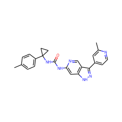 Cc1ccc(C2(NC(=O)Nc3cc4[nH]nc(-c5ccnc(C)c5)c4cn3)CC2)cc1 ZINC000219748493