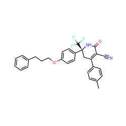 Cc1ccc(C2=C(C#N)C(=O)N[C@](c3ccc(OCCCc4ccccc4)cc3)(C(F)(F)F)C2)cc1 ZINC001772583739