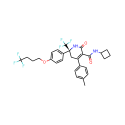 Cc1ccc(C2=C(C(=O)NC3CCC3)C(=O)N[C@](c3ccc(OCCCC(F)(F)F)cc3)(C(F)(F)F)C2)cc1 ZINC001772604459