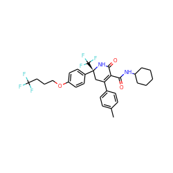 Cc1ccc(C2=C(C(=O)NC3CCCCC3)C(=O)N[C@](c3ccc(OCCCC(F)(F)F)cc3)(C(F)(F)F)C2)cc1 ZINC001772597164