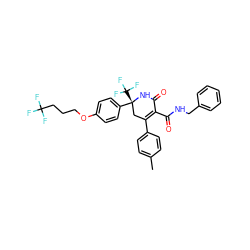 Cc1ccc(C2=C(C(=O)NCc3ccccc3)C(=O)N[C@](c3ccc(OCCCC(F)(F)F)cc3)(C(F)(F)F)C2)cc1 ZINC001772603341