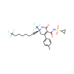 Cc1ccc(C2=C(C(=O)NS(=O)(=O)C3CC3)C(=O)N[C@@](C#CCCCCCC(F)(F)F)(C(F)(F)F)C2)cc1 ZINC000221929340