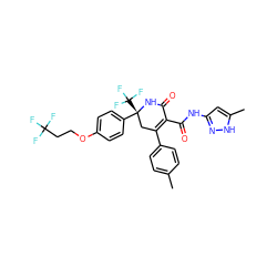 Cc1ccc(C2=C(C(=O)Nc3cc(C)[nH]n3)C(=O)N[C@](c3ccc(OCCC(F)(F)F)cc3)(C(F)(F)F)C2)cc1 ZINC001772629756