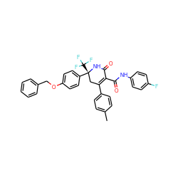 Cc1ccc(C2=C(C(=O)Nc3ccc(F)cc3)C(=O)N[C@](c3ccc(OCc4ccccc4)cc3)(C(F)(F)F)C2)cc1 ZINC001772601960