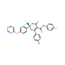 Cc1ccc(C2=C(C(=O)Nc3ccc(F)cc3)C(=O)N[C@](c3ccc(Oc4ccncn4)cc3)(C(F)(F)F)C2)cc1 ZINC001772645405