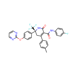 Cc1ccc(C2=C(C(=O)Nc3ccc(F)cc3)C(=O)N[C@](c3ccc(Oc4ncccn4)cc3)(C(F)(F)F)C2)cc1 ZINC001772639513