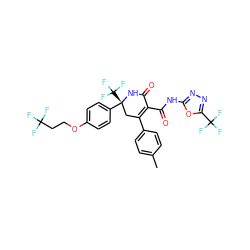 Cc1ccc(C2=C(C(=O)Nc3nnc(C(F)(F)F)o3)C(=O)N[C@](c3ccc(OCCC(F)(F)F)cc3)(C(F)(F)F)C2)cc1 ZINC001772576039