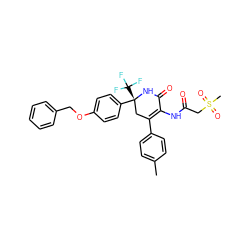 Cc1ccc(C2=C(NC(=O)CS(C)(=O)=O)C(=O)N[C@](c3ccc(OCc4ccccc4)cc3)(C(F)(F)F)C2)cc1 ZINC001772584060