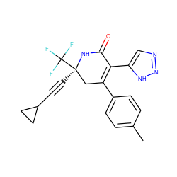 Cc1ccc(C2=C(c3cnn[nH]3)C(=O)N[C@](C#CC3CC3)(C(F)(F)F)C2)cc1 ZINC001772603355