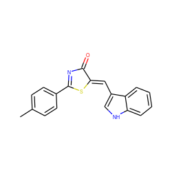 Cc1ccc(C2=NC(=O)/C(=C/c3c[nH]c4ccccc34)S2)cc1 ZINC000299833374