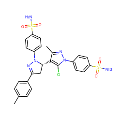 Cc1ccc(C2=NN(c3ccc(S(N)(=O)=O)cc3)[C@H](c3c(C)nn(-c4ccc(S(N)(=O)=O)cc4)c3Cl)C2)cc1 ZINC000474610054