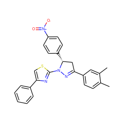 Cc1ccc(C2=NN(c3nc(-c4ccccc4)cs3)[C@H](c3ccc([N+](=O)[O-])cc3)C2)cc1C ZINC000072177370