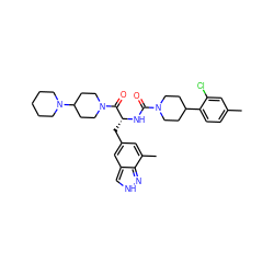 Cc1ccc(C2CCN(C(=O)N[C@H](Cc3cc(C)c4n[nH]cc4c3)C(=O)N3CCC(N4CCCCC4)CC3)CC2)c(Cl)c1 ZINC000653711578