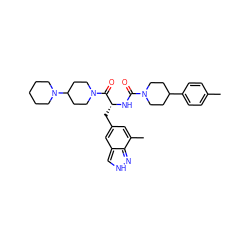 Cc1ccc(C2CCN(C(=O)N[C@H](Cc3cc(C)c4n[nH]cc4c3)C(=O)N3CCC(N4CCCCC4)CC3)CC2)cc1 ZINC000653710307