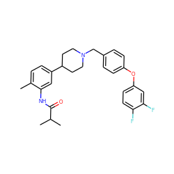 Cc1ccc(C2CCN(Cc3ccc(Oc4ccc(F)c(F)c4)cc3)CC2)cc1NC(=O)C(C)C ZINC000028710590