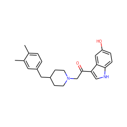 Cc1ccc(CC2CCN(CC(=O)c3c[nH]c4ccc(O)cc34)CC2)cc1C ZINC000653687485