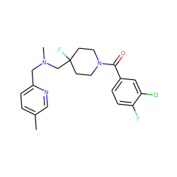 Cc1ccc(CN(C)CC2(F)CCN(C(=O)c3ccc(F)c(Cl)c3)CC2)nc1 ZINC000064528395