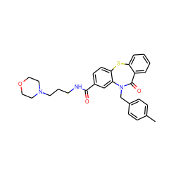 Cc1ccc(CN2C(=O)c3ccccc3Sc3ccc(C(=O)NCCCN4CCOCC4)cc32)cc1 ZINC000020680617